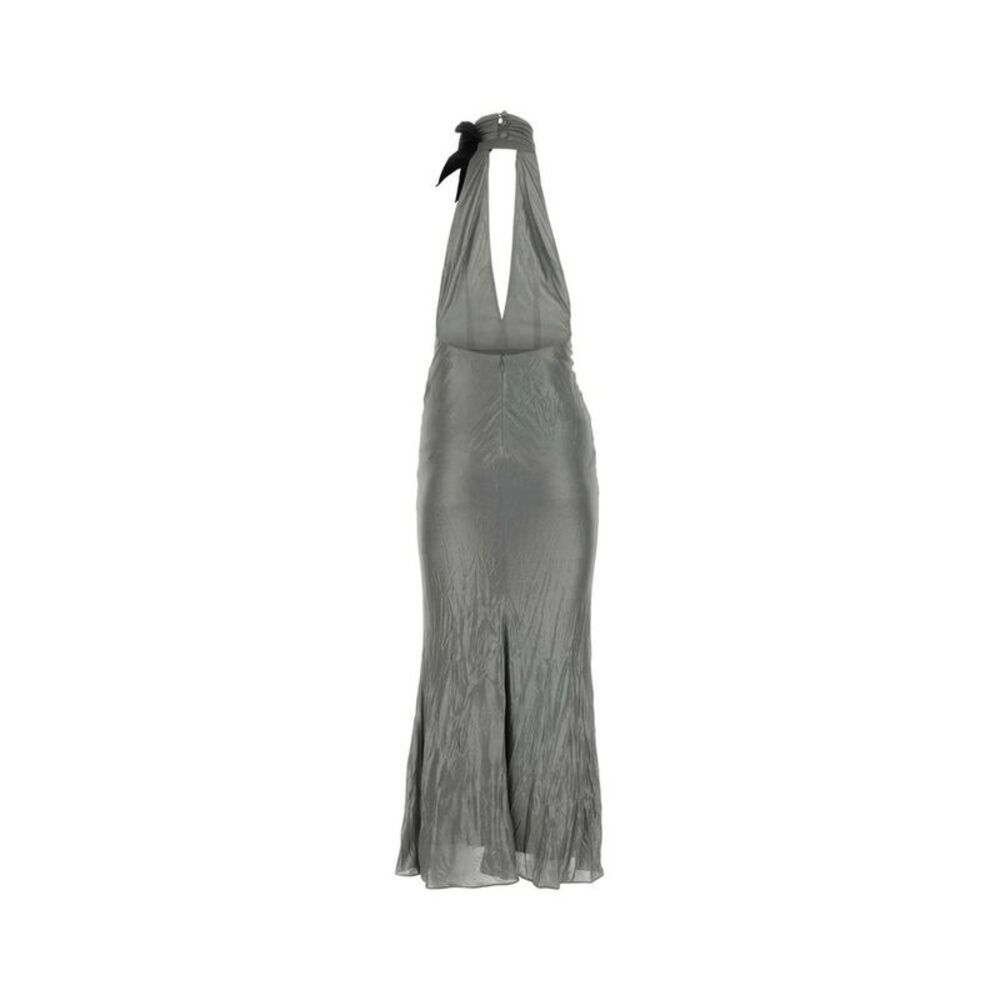 ALESSANDRA RICH Halter Neck Crinkle Maxi Dress with Bow Detail Women GREY